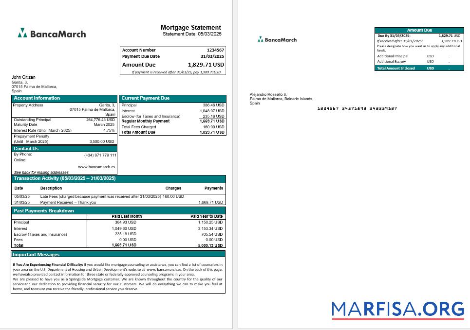 Blank Spain Banca March mortgage statement in Word and PDF formats real example